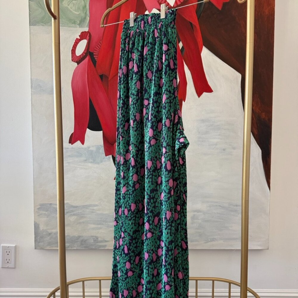 Anthropologie Maeve Pleated Plisse Floral Green Pink Pants Wide Leg Size Large